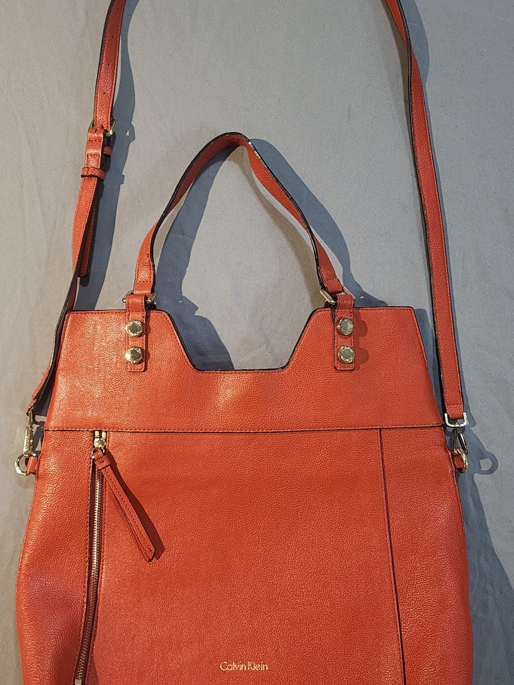Calvin Klein Burnt Orange Zippered Faux Leather Tote Purse With Cross Body Strap